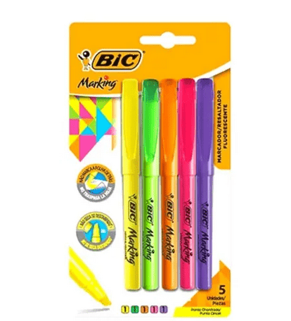 Caneta Marca Texto Bic 5 Cores Fluorescentes Alto Brilho
