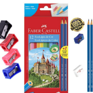 Caixa de lápis de cor com 12 cores faber-castell + dois lapis pretos+ borracha+ apontador/ kit Escolar